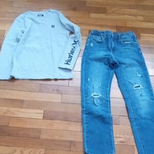 Hurley Gray Long Sleeve Shirt and  distressed slim fit Jeans boys 12
